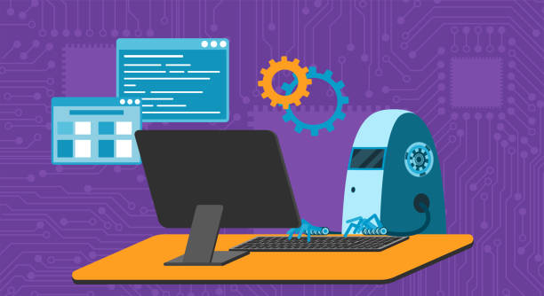 automated work of software, business project development, robot using keyboard at table - 系統(tǒng)軟件開發(fā) 幅插畫檔、美工圖案、卡通及圖標(biāo)